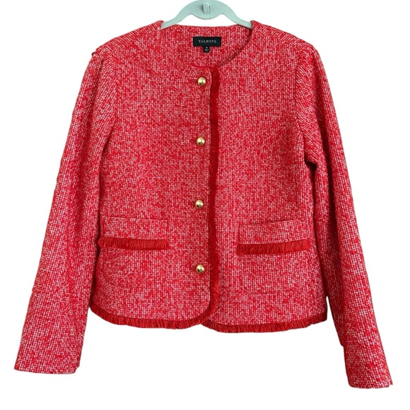 Talbots Red Tweed Cropped Red Fringe Trim Gold Button Up Blazer Sz 10 - Picture 13 of 13